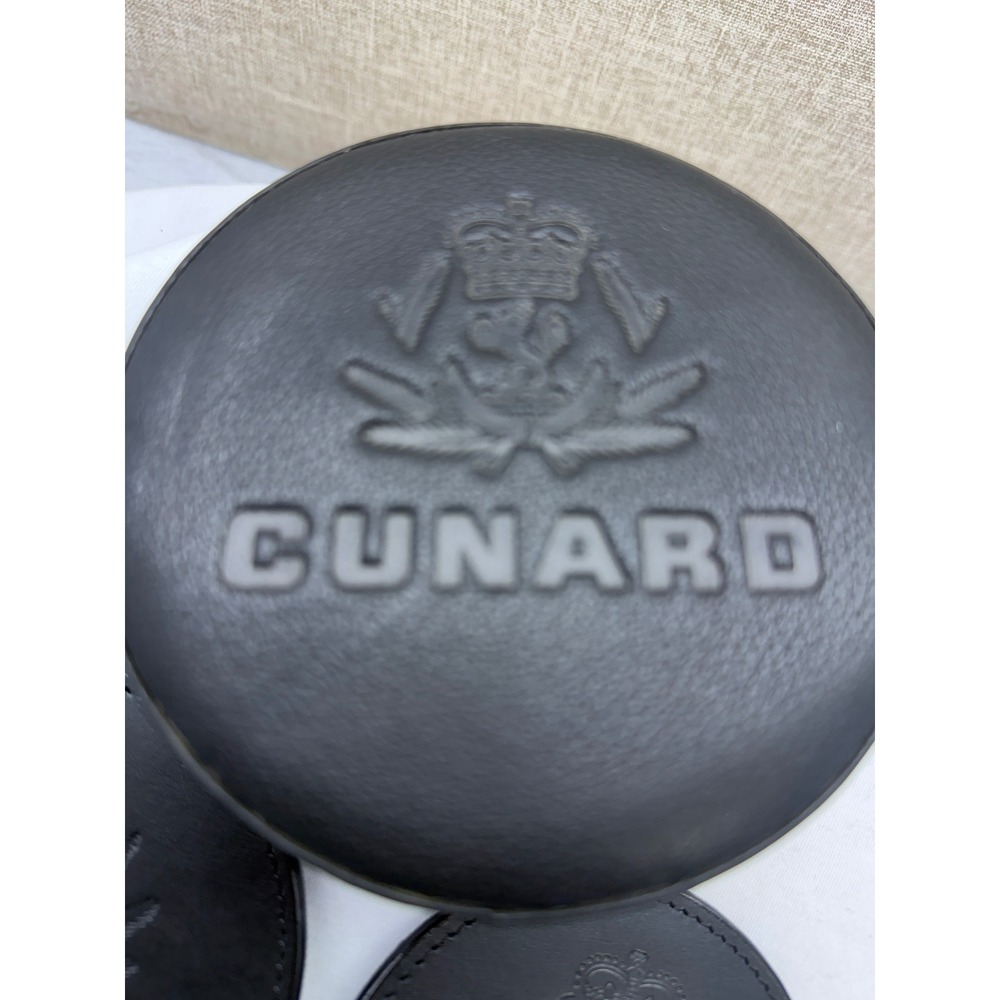 Cunard Line Black Faux Leather Coaster Set of 4 with Case Embossed Logo Crest